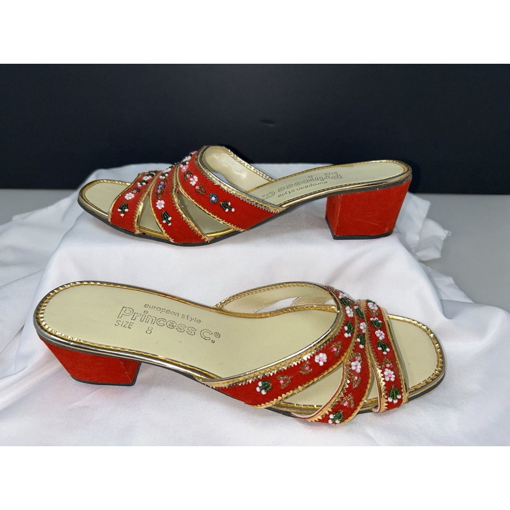 Vtg Princess C. European Style Chinese Velveteen Handmade Shoes Slides Heels 8 - Picture 10 of 12